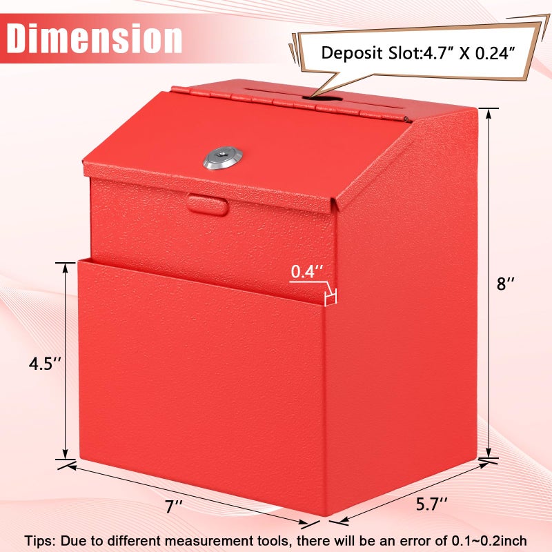 KYODOLED Suggestion Box with Lock and 50 Free Suggestion Cards, Metal Wall Mounted Ballot, Donation and Collection Key Drop Box with Slot & 2 Keys, 8H x 5.7W x 7L Inch, Red - Image 2